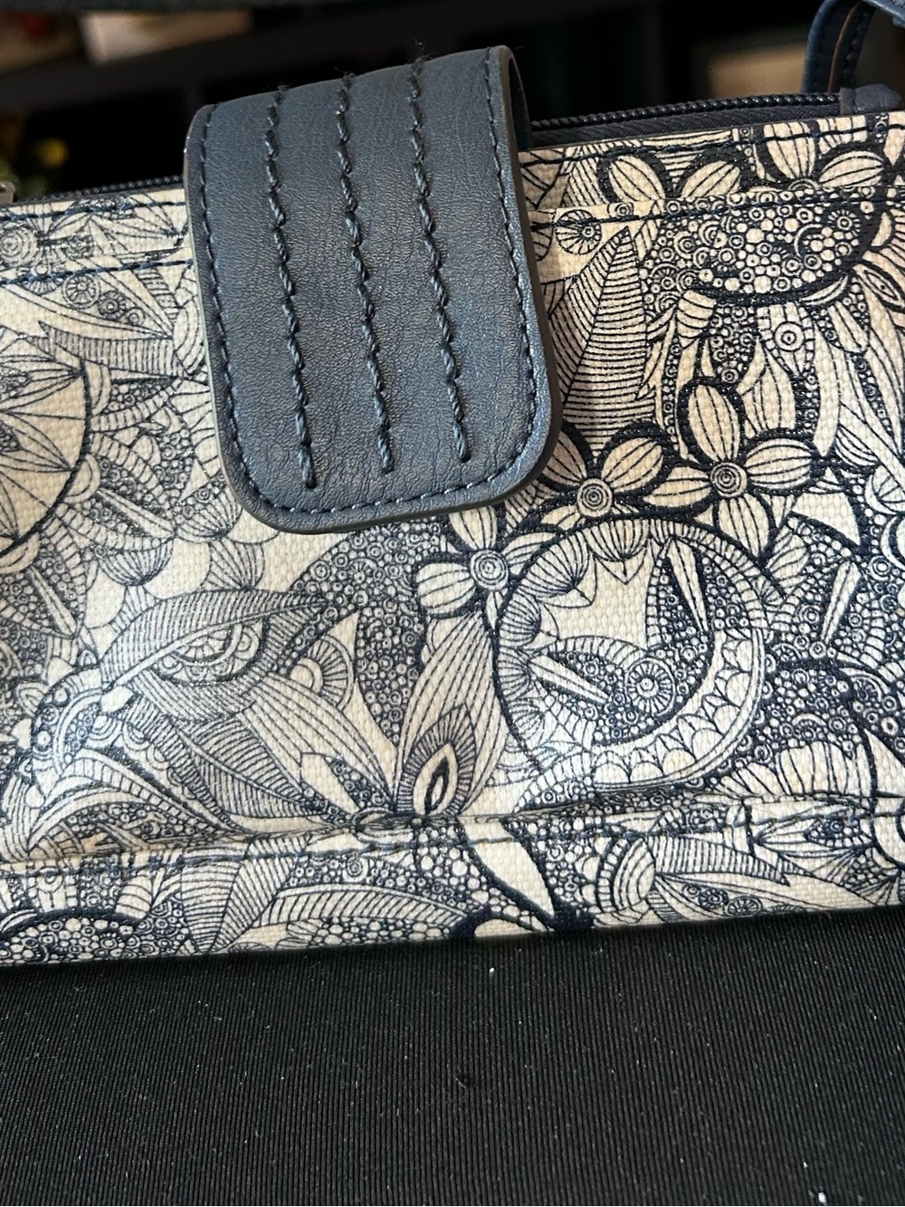 Floral Doodle Print Wallet in Navy and Cream